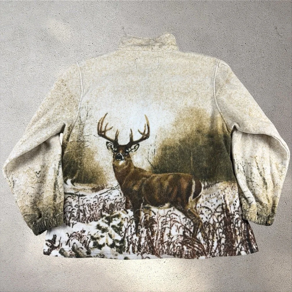 Vintage Trailcrest AOP Nature Deer Hunting Fleece Jacket Men's XL Full Zip